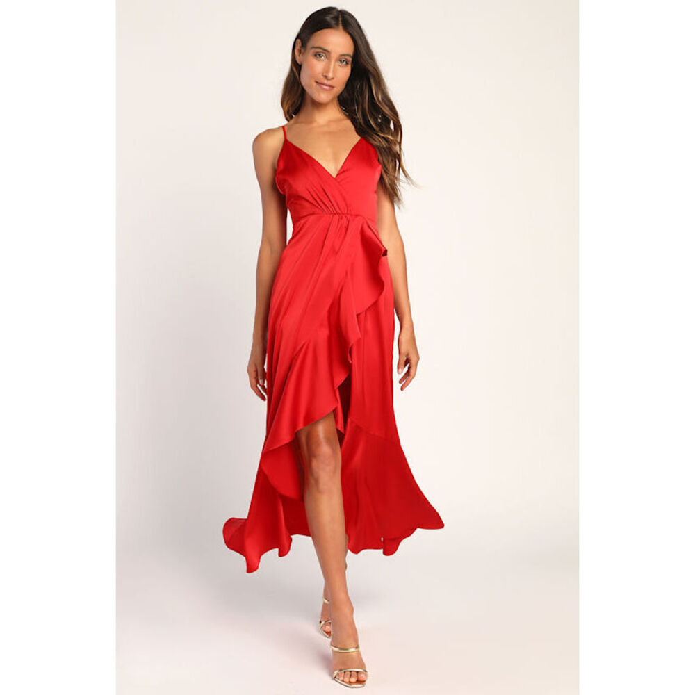 Lulus Enchanted Moments Red Satin Ruffled High-low Dress - Size XS